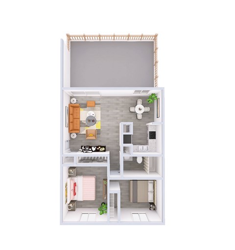 A 3D floor plan of a small apartment with a kitchen, living room, and bathroom.